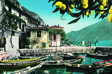 Postkarte Gardasee Hafen mit Fischerbooten und einem Zitruszweig